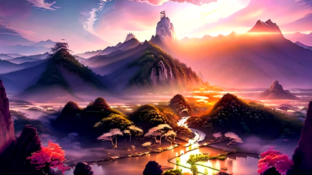 backgroundสไตล์จีน, backgroundภูเขานิกายเซียนอมตะ, Immortal Light, slightly elevated view, ((background:1.8))