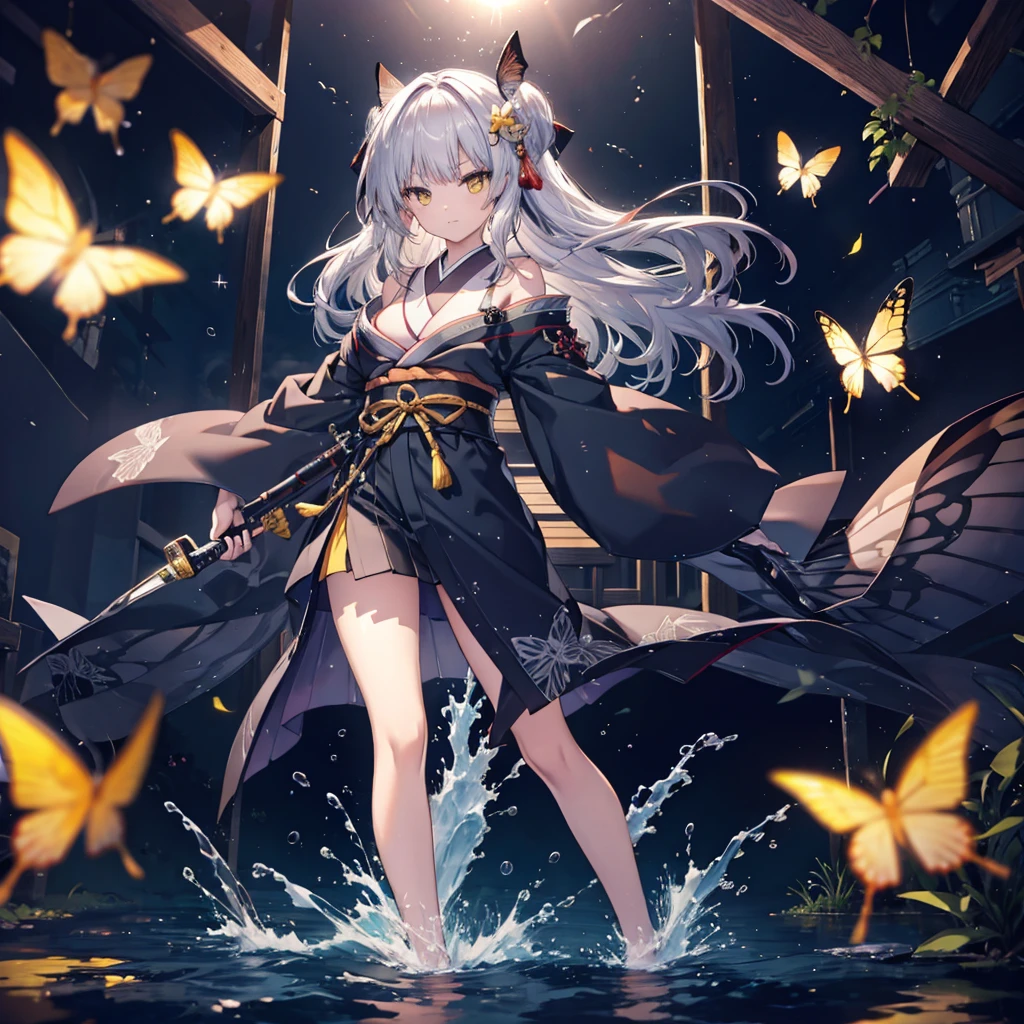 (((1 person))) ((High resolution Gray Hair Long Hair Yellow Eyes Black kimono Shoulder knifeを構える)) ((Black Belt Yellow butterfly night Japanese style Shining Aura shrine torii water surface)) (dance 日本knife knife Slashing) moonlight star Draw your sword Shining Background Shining Edge