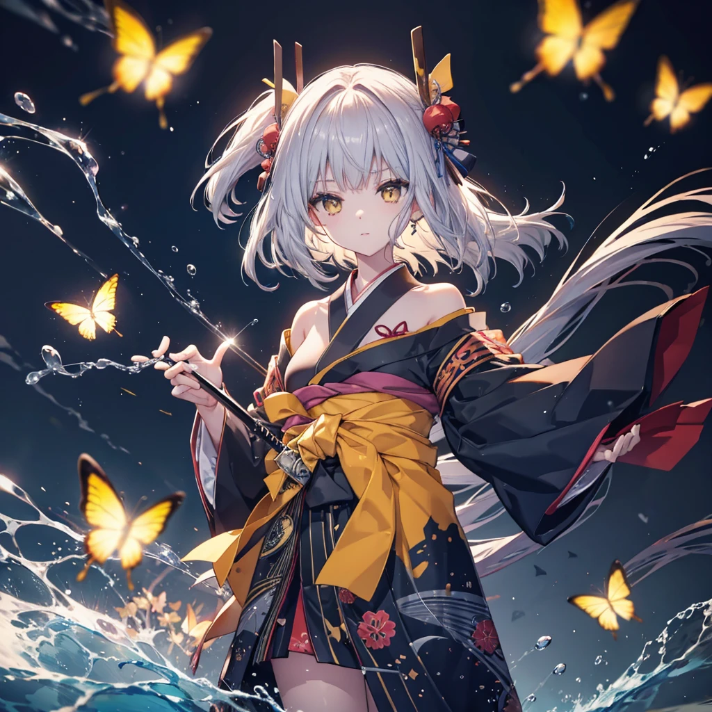 (((1 person))) ((High resolution Gray Hair Long Hair Yellow Eyes Black kimono Shoulder knifeを構える)) ((Black Belt Yellow butterfly night Japanese style Shining Aura shrine torii water surface)) (dance 日本knife knife Slashing) moonlight star Draw your sword Shining Background Shining Edge