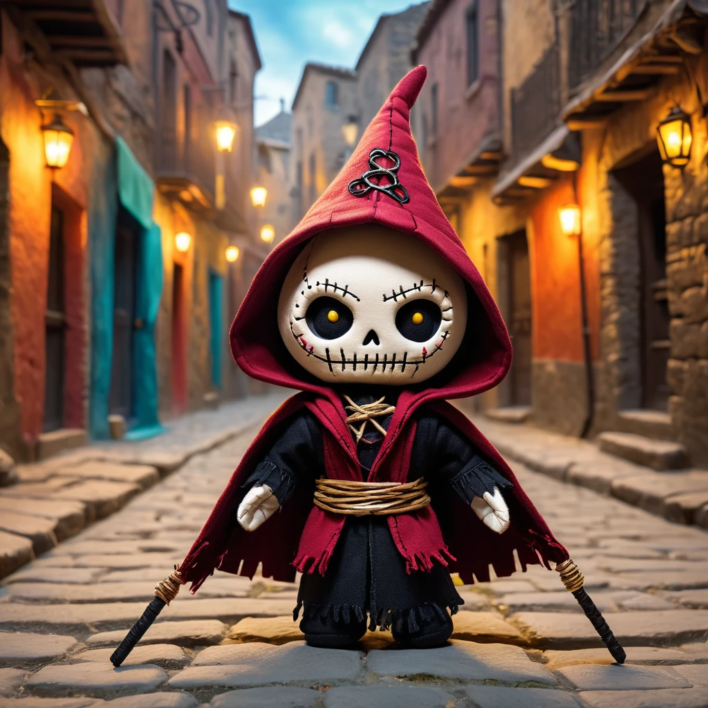 (knitted toy voodoo doll:1.2), (Voodoo Street Magician:1.3), (Clothing: Hooded cloak, magic wand, magic amulet:1.0), (against the background of a narrow street of an ancient city, magic light:1.2), best quality, masterpiece, detailed soft oil painting, detailed background, dramatic cinematic lighting, soft edge lighting, professional, dramatic lighting, hard edge lighting, ultra quality, 4k, masterpiece, best quality, 8k, ultra high definition, high resolution, extremely detailed