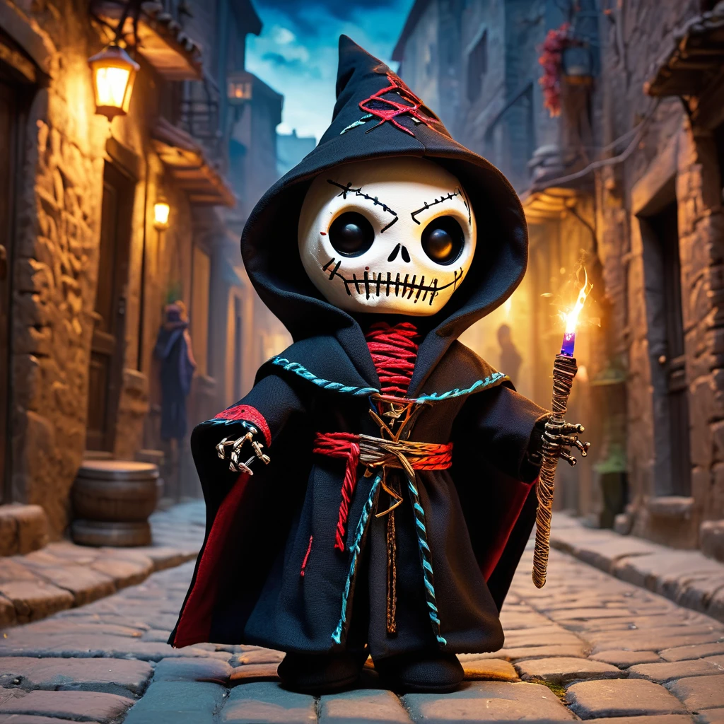 (knitted toy voodoo doll:1.2), (Voodoo Street Magician:1.3), (Clothing: Hooded cloak, magic wand, magic amulet:1.0), (against the background of a narrow street of an ancient city, magic light:1.2), best quality, masterpiece, detailed soft oil painting, detailed background, dramatic cinematic lighting, soft edge lighting, professional, dramatic lighting, hard edge lighting, ultra quality, 4k, masterpiece, best quality, 8k, ultra high definition, high resolution, extremely detailed
