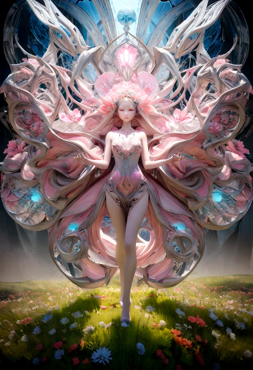 A beautiful woman is walking in the middle of a flowery grassland, she's offering her hand, growing like a biomechanical organism, pale pink, black and metallic silver,like a living organism, shining bright, dressed with symmetrical designs and arabesques, adorned with blue lights, masterpiece, highly detailed, 3d modelling, 4k resolution, abstract art, digital art, photographic