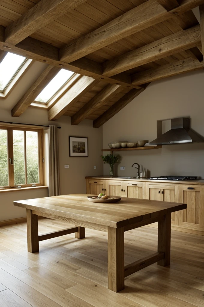 Oak table with ring light and sloping roof and exposed beams