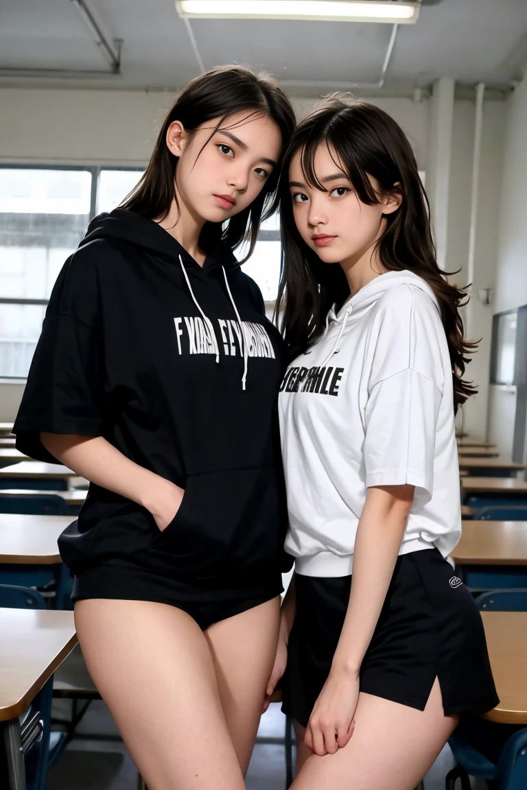 deux femmes ensemble de 18 ans sexy et mince , black short sleeve hoodie , salle de classe, se touche,position sey,sensuel