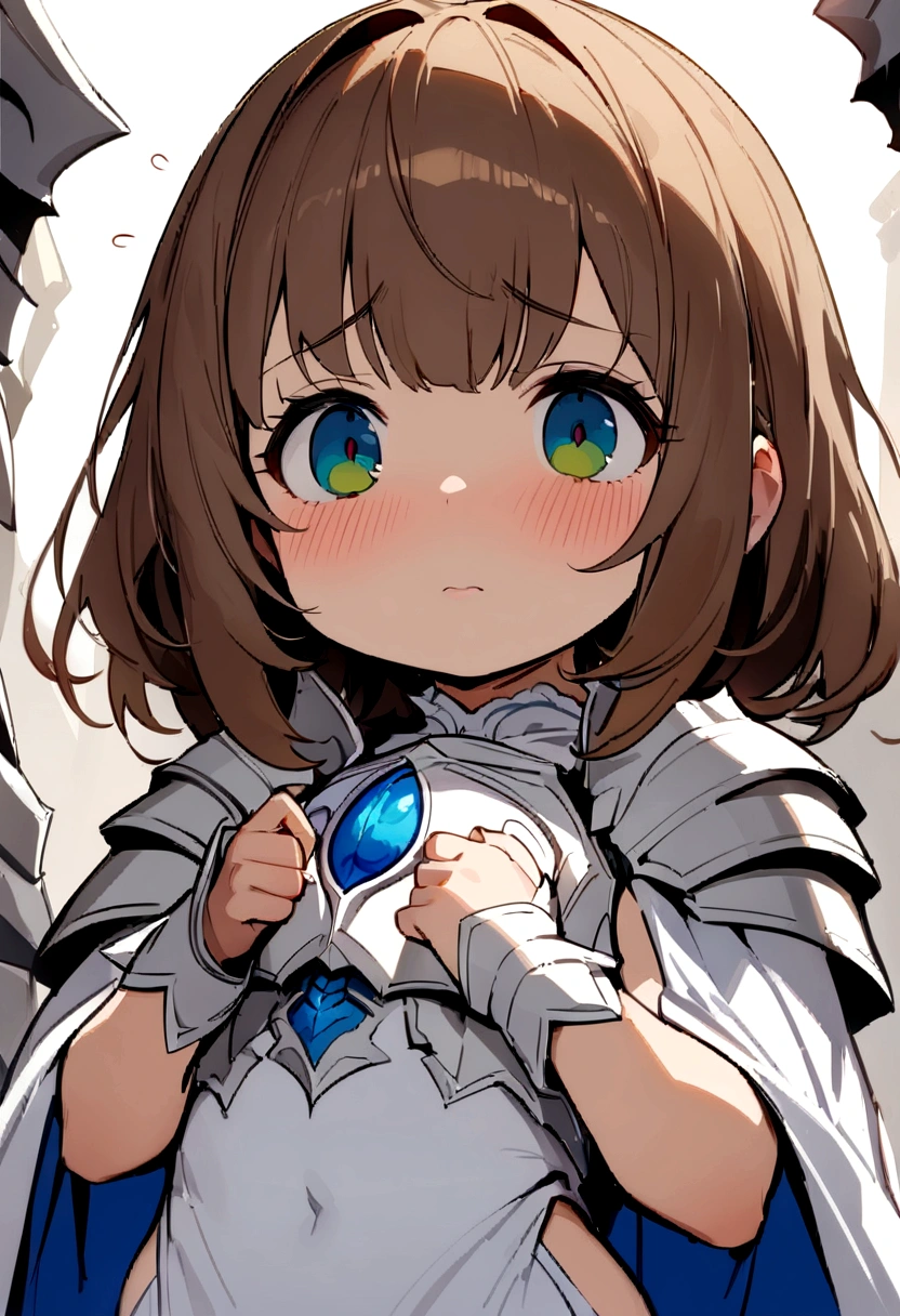 ((Masterpiece)), (((best quality))), hips wide open, ((Beetle eyes wide open blue colour)), long brown hair, ((shot White dress)), (((Paladin))), (()), (shy), (cute),