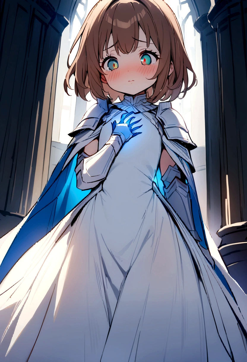 ((Masterpiece)), (((best quality))), hips wide open, ((Beetle eyes wide open blue colour)), long brown hair, ((shot White dress)), (((Paladin))), (()), (shy), (cute),