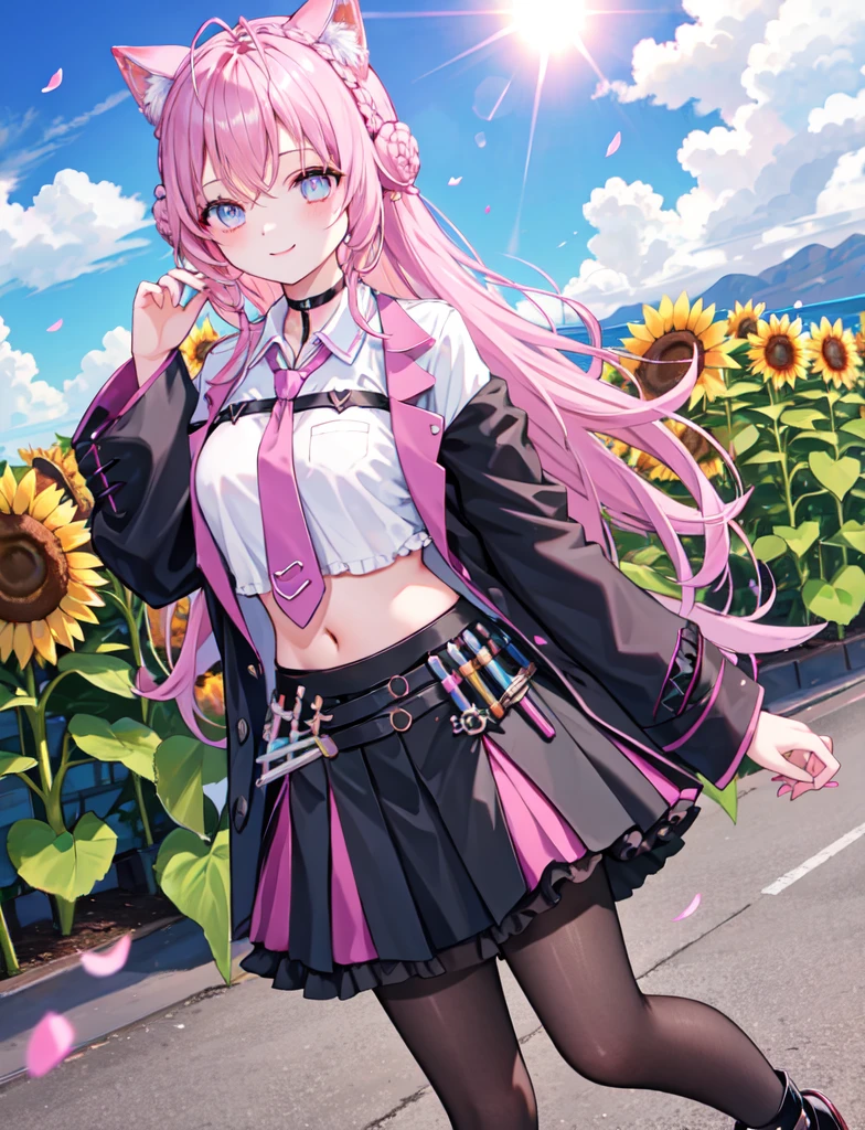 cute ,alone,Wind,smile,Lens flare,dramatic, Coastal,
Flying petals, flowery Field, null, sun,Field, sunflower, masterpiece, long hair, hair bun, double bun, braided bun, crown braid, hexagon, choker, black choker, necktie, pink necktie, shirt, white shirt, collared shirt, crop top, crop top overhang, fingernails, nail polish, pink nails, watch, pocket watch, midriff, navel, belt, skirt, miniskirt, black skirt, pleated skirt, frills, frilled skirt, test tube, pantyhose, black pantyhose, thigh strap, shoes, black footwear, high heels, coat, labcoat, white coat, open coat, open clothes, long sleeves, sleeves past wrists, pocket