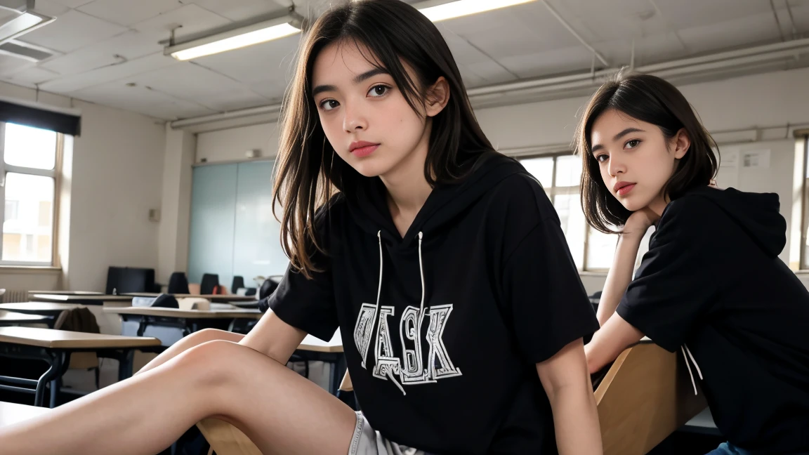 deux femmes ensemble de 18 ans sexy et mince qui se touche , black short sleeve hoodie , dans une salle de classe