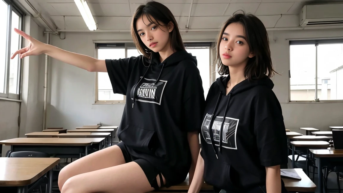 deux femmes ensemble de 18 ans sexy et mince , black short sleeve hoodie , salle de classe, se touche,position sey,sensuel