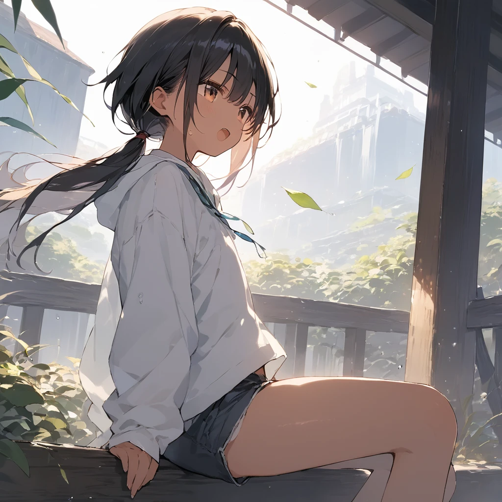 score_9, score_8_up, score_7_up, source_anime, best quality, masterpiece, official art, absurdres, highres, ultra-detailed,waifu2x,Collection: Slice of Life,break,1girl, tomboy, dark-skinned female, short hair, low ponytail, flat chest,  beautiful detailed eyes, short shorts, sweat, open mouth, (yawn:0.3), sleepily, outdoors, wind, break,(clear line illustration:1.2),very high resolution, very aesthetic, super detailed skin, Best sexual lighting powered by famous artist, 8k,cute picture,beauty illustration,photoshop_(medium),,(Detailed Lighting),best anime 8k konachan wallpaper, pixiv contest winner, 