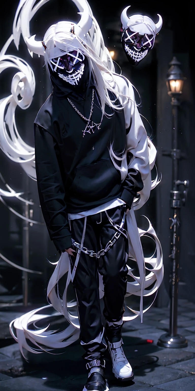 man wearing all back white mask with two horns , hoodi and Trousers Pants Harajuku with joradn white shoes, plaid pants, black pants, chain, tripppants, pants, strappy pants, ((demon white mask )) , alex_the_terrible_mask, hoodie, wearing a hoodie