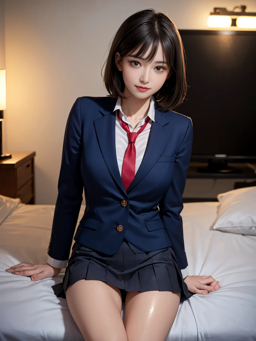 (masterpiece:1.2, Highest quality), (Realistic, photoRealistic:1.4), Beautiful illustrations, (Natural Side Lighting, Cinema Lighting),
View your audience, Cowboy Shot, Front view, close:1.5, 1 Girl, high school girl, Perfect Face, Cute and symmetrical face, Shiny skin, White skin、Seductive pose,
(short hair:1.2, Bobcut:1.2, Black Hair), Hairline, Asymmetrical bangs, blue eyes, 長いeyelash, (Big Breasts:0.9, Thin thighs), ((Oilskin,Glowing Skin、Realistic skin texture、Beautiful skin in every detail、Shiny skin、Slimy skin、Shiny skin、Shiny skin)), White skin, Real human skin, (Familiar), Oval Face, pore, Ultra-high resolution, (8K, RAW Photos, Realistic: 1.4), One Girl, slim, (kind, Goddess-like eyes) happiness: 1.2), (Lip gloss, eyelash, Terrible face, Highest quality, Ultra-high resolution, Wide Lighting, Natural Shading)、Sexy Girl、Absolute area、Long beautiful slim legs、If the length is(Sexy smile expression:0.8, )
Beautiful Hair, Beautiful Face, Beautiful details, Beautiful clavicle, Beautiful body, Beautiful breasts, Beautiful thighs, Beautiful legs, Beautiful fingers,
((Navy Blazer, Light blue collared shirt, Navy pleated mini skirt, socks, Red ribbon tie)), Pink Panties,
(Beautiful views), evening, Bedroom, Lie in, hand on bed, (I'Tears flow, Upward glance), (((Big Breasts))),