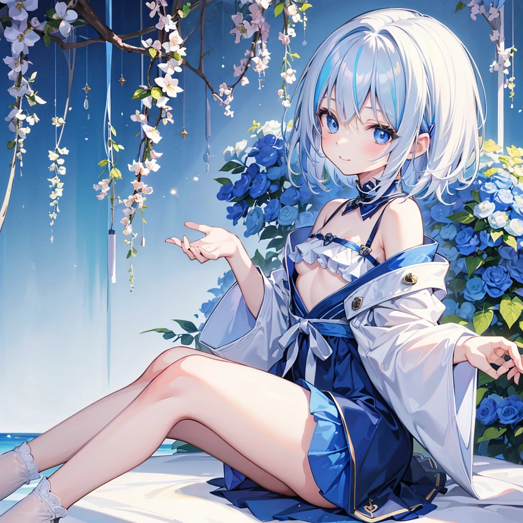 (((Masterpiece)))), (((Best Quality))), Hi-Res, Above the Thighs, Squatting, (Cute One Girl))), Solo, White Skin, Small, Eight-headed, (Light Blue Hair), ((Short Hair)), (Straight Bangs)), Ponytail, Beautiful Hair, Blue Eyes, Beautiful Eyes in Detail, (((tongue)), Red Face, Heart, Summer Clothes, ruffles, Earrings, Outdoor, Milky Way, (Night), shadow lighting,