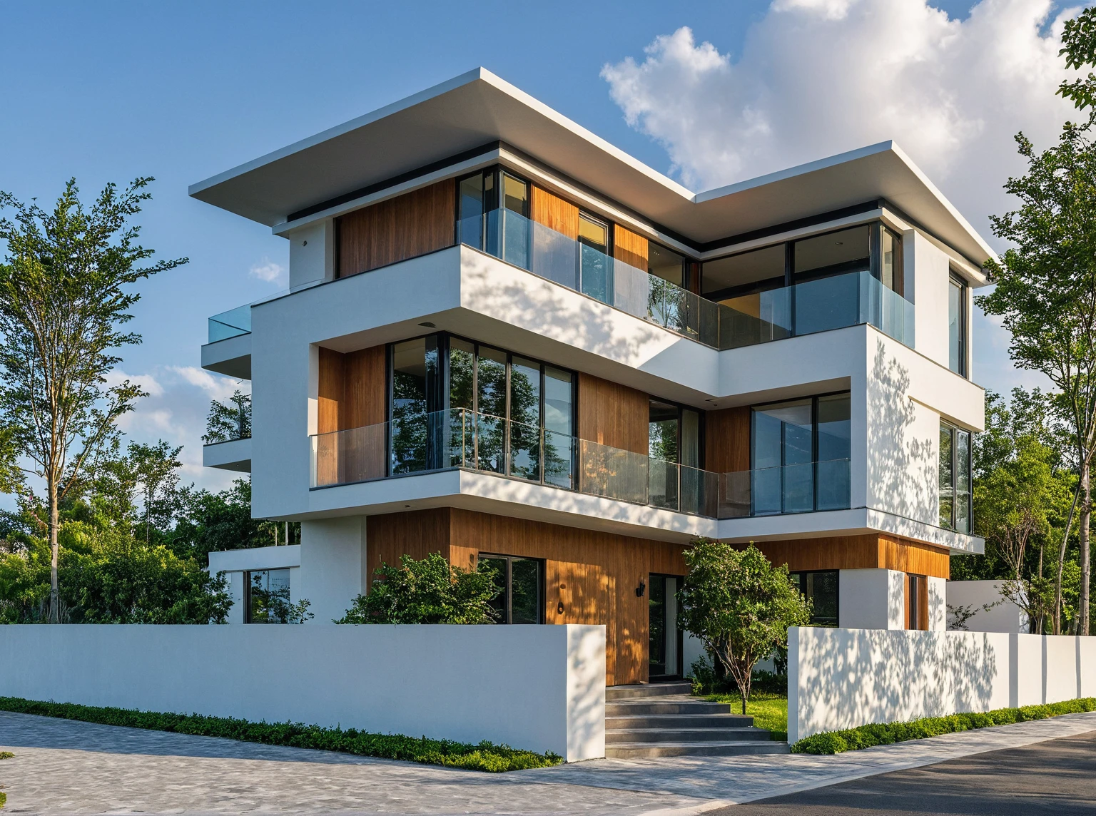 Masterpiece, high quality, best quality, authentic, super detail, outdoors, onestoreyvillaXL, aiaigroup, house style modern on the street ,stairs, white wall ,road,pavement, grass, trees, sky, cloud, (daylight:1.1)