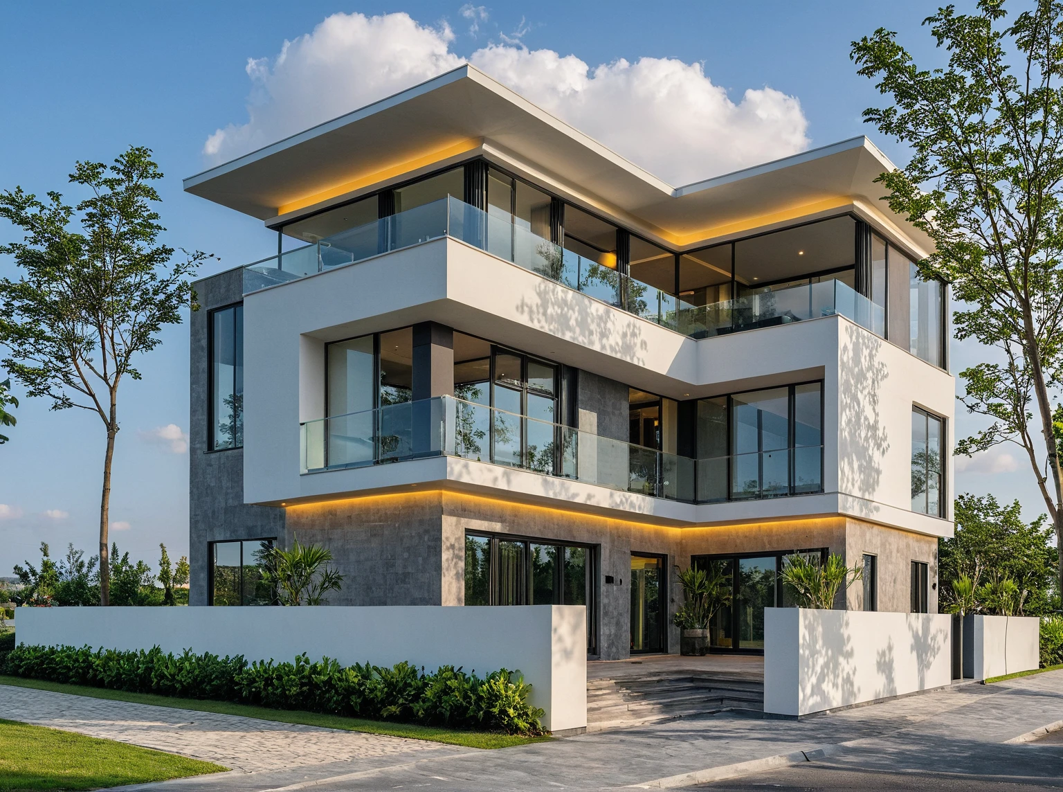 Masterpiece, high quality, best quality, authentic, super detail, outdoors, onestoreyvillaXL, aiaigroup, house style modern on the street ,stairs, white wall ,road,pavement, grass, trees, sky, cloud, (daylight:1.1)
