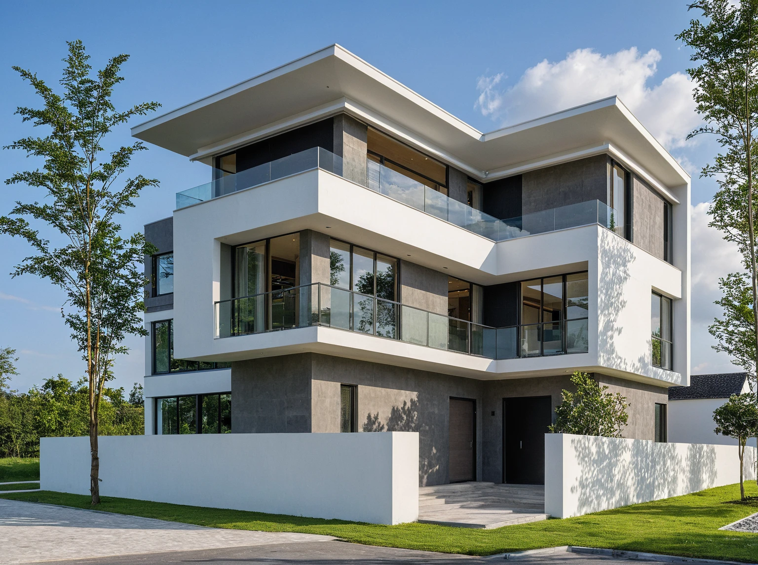 Masterpiece, high quality, best quality, authentic, super detail, outdoors, onestoreyvillaXL, aiaigroup, house style modern on the street ,stairs, white wall ,road,pavement, grass, trees, sky, cloud, (daylight:1.1)