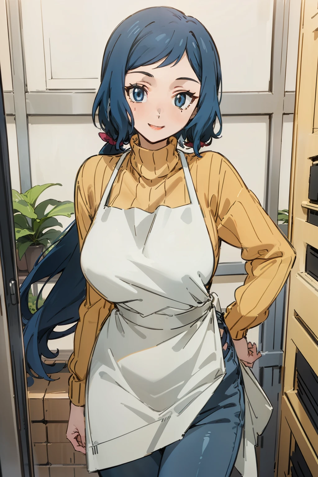 (Masterpiece), Best Quality, ultra-detailed, 1girl (rinko_iori, Slender and sexy body, big and pretty breasts, dark blue hair, long wave hair, blue eyes), smile,parted lips, facing viewer, looking at viewer, solo, yellow turtle neck sweater, denim pants,apron(black), in the store, standing, Sexy waist teasing