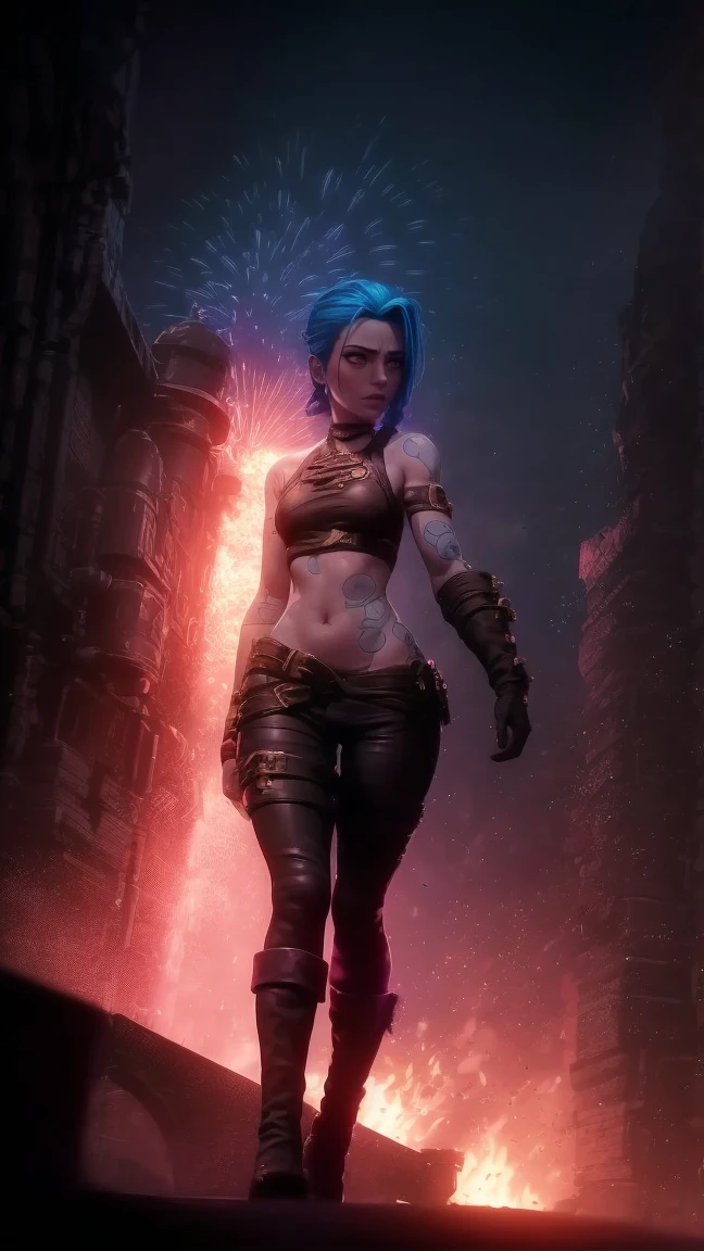 very sexy,  crazy look, длинные синие hair заплетены в косы, full length (full body 1.1.), tight leather pants, Jinx's character design, stands on the edge of the roof, fantasy city, night, explosions, fire, Sparks, Purple Flashes, beautiful figure, Arcane Curse, Bright blue and purple Sparks all around, burning eyes, Pink Shiny eyes, длинные hair, hair, braided in long braids, Pigtails hang below the knee, Hair color changes from bright blue to navy blue., leather boots on the feet, Top with four gold circles on the chest in the middle of the chest., Blue cloud tattoo on shoulders and waist., long bangs, hanging on the right side, чрезвычайно подробные обои CG Unity 8k, detailed light, Cinematic lighting, Chromatic aberration, Sparkling, inexpressive, epic composition, dark in the background, Chereter Design, very detailed, detailed body, Vibrating, detailed face, sharp focus, Anime art, Vibrating, detailed face, Hugh Details, sharp focus, Detailed eye, Super lovely illustration, best shadow, finely detail, beautiful detailed glow, beautiful detailed, extremely detailed, inexpressive, epic composition,