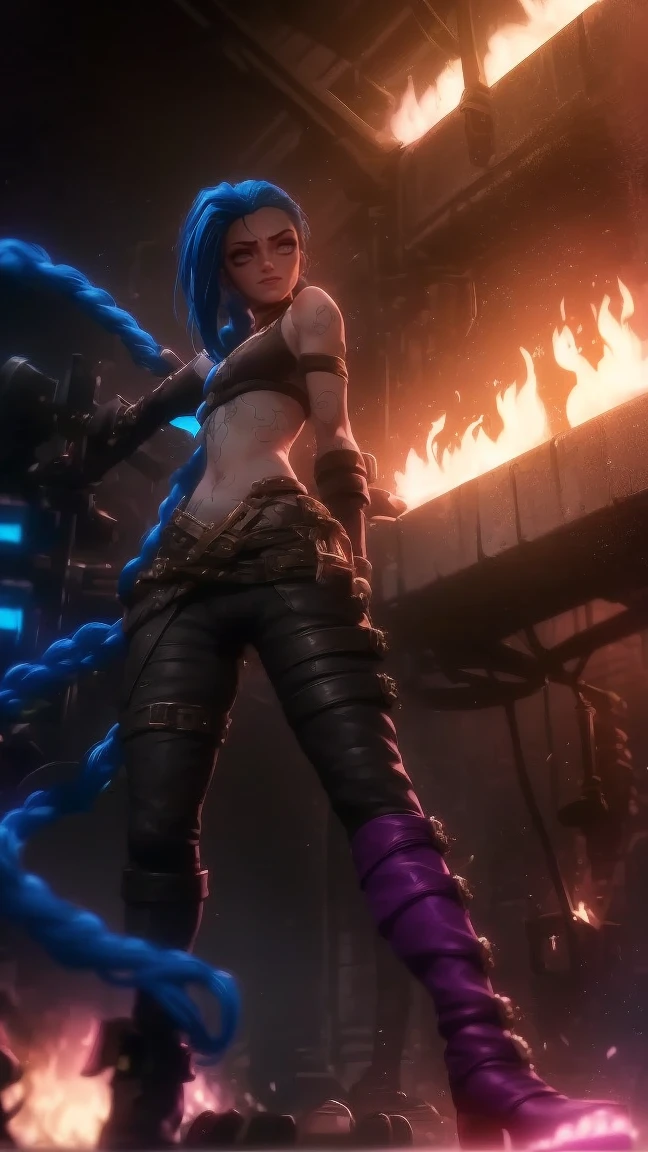 very sexy,  crazy look, длинные синие hair заплетены в косы, full length (full body 1.1.), tight leather pants, Jinx's character design, stands on the edge of the roof, fantasy city, night, explosions, fire, Sparks, Purple Flashes, beautiful figure, Arcane Curse, Bright blue and purple Sparks all around, burning eyes, Pink Shiny eyes, длинные hair, hair, braided in long braids, Pigtails hang below the knee, Hair color changes from bright blue to navy blue., leather boots on the feet, Top with four gold circles on the chest in the middle of the chest., Blue cloud tattoo on shoulders and waist., long bangs, hanging on the right side, чрезвычайно подробные обои CG Unity 8k, detailed light, Cinematic lighting, Chromatic aberration, Sparkling, inexpressive, epic composition, dark in the background, Chereter Design, very detailed, detailed body, Vibrating, detailed face, sharp focus, Anime art, Vibrating, detailed face, Hugh Details, sharp focus, Detailed eye, Super lovely illustration, best shadow, finely detail, beautiful detailed glow, beautiful detailed, extremely detailed, inexpressive, epic composition,