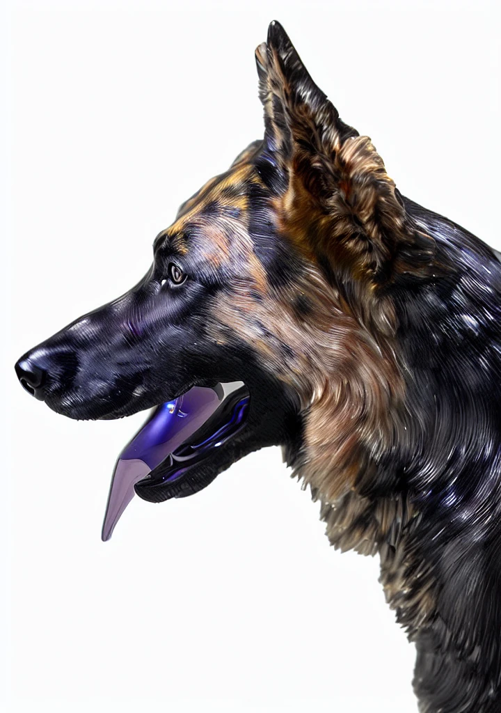 A glass sculpture of a handsome German shepherd, Canine, made from shiny transparent glass, is a masterpiece.
