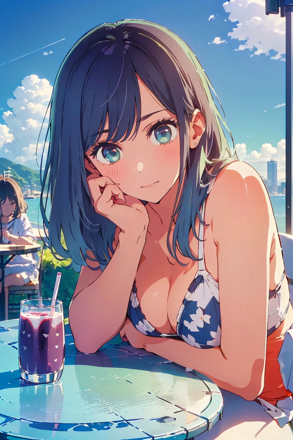 (Highest quality:1.4、8K:1.4、detailed)、F cup bust、Big Breasts、Slim body、Very white beautiful skin、((((1 person、Surprised expression、sit、Chair、In the background are the urban buildings of Tokyo、looking at the camera、Outdoor café terrace、coastal、Navy hair color、juice、White side string high leg bikini、Shooting up close、table、Shooting from an angle、Very cute face))))、(Pose of putting hair behind ears with hands:1.4)、Very blue sky、A completely cloudless sky