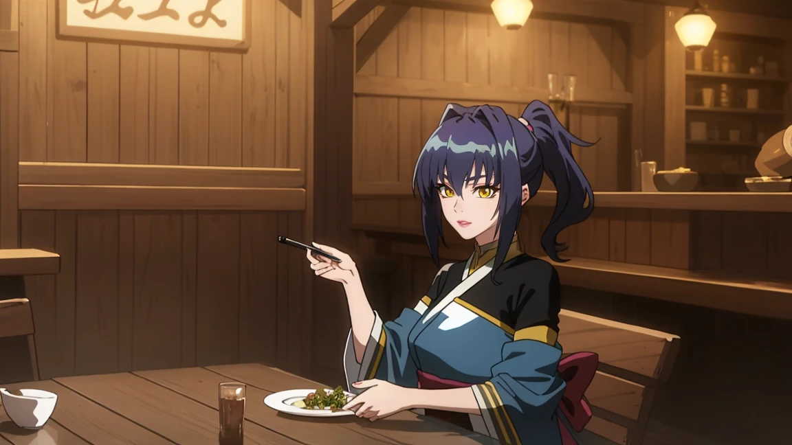 Anime style illustration of a female character based on SEED value 2768364320, depicted as a singer in a fantasy game tavern. The character is dressed in a whimsical, fantasy-inspired outfit, singing joyfully. Her deep blue-purple ponytail is styled dynamically. The background features a lively tavern scene with wooden tables, barrels, and warm lighting, creating an inviting and magical atmosphere, in the style of Japanese fantasy illustrations.