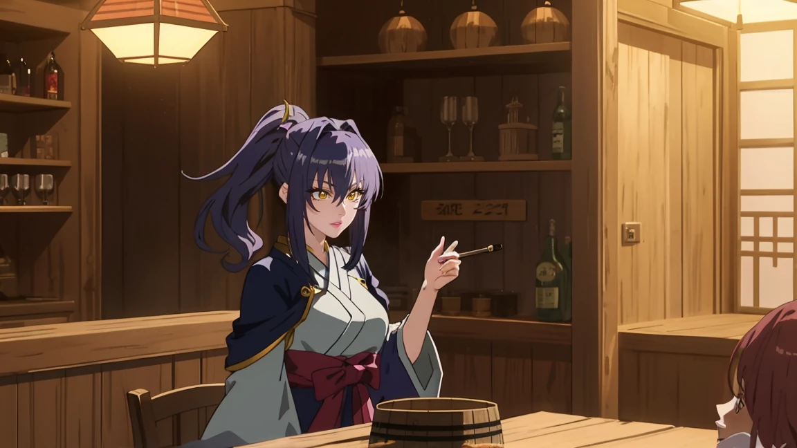 Anime style illustration of a female character based on SEED value 2768364320, depicted as a singer in a fantasy game tavern. The character is dressed in a whimsical, fantasy-inspired outfit, singing joyfully. Her deep blue-purple ponytail is styled dynamically. The background features a lively tavern scene with wooden tables, barrels, and warm lighting, creating an inviting and magical atmosphere, in the style of Japanese fantasy illustrations.