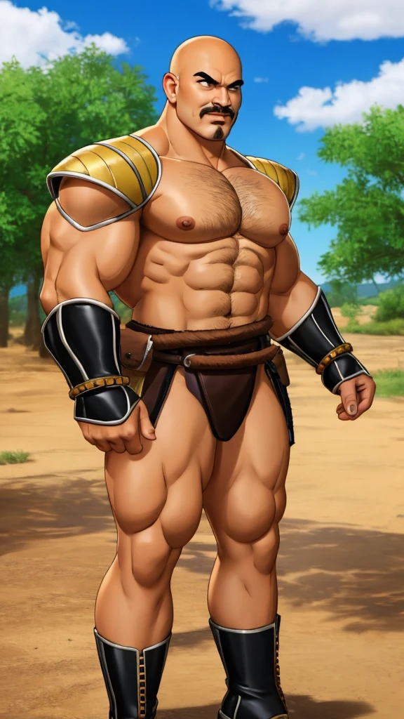 nappa, male focus, solo,cowboy shot, 1boy, bald, nipples, muscular male, abs,black vambraces, veins, pectorals, thighs, black eyes, topless male, mustache, ((micro-armor)) , tail around waist,  (best quality, masterpiece) , stripclub , full body , black boots