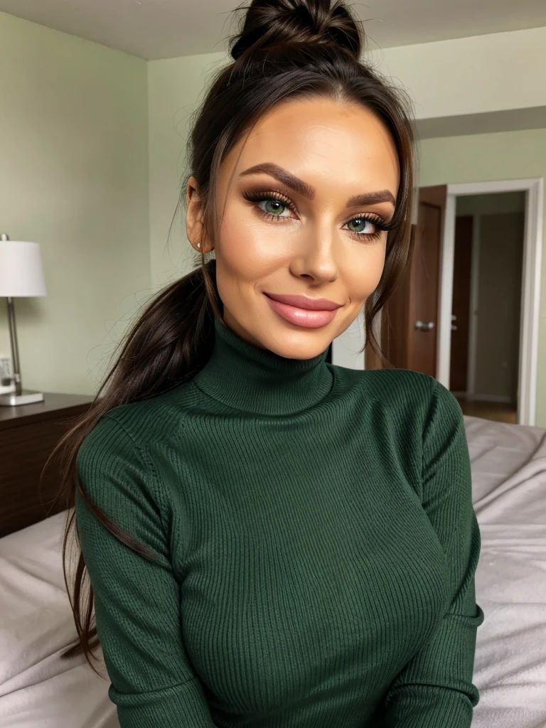 photo of a skinny very old wrinkly-faced faced mature brunette prostitute with fake eyelashes and plump-enhanced lips, messy long hair thrown into a messy bun ponytail. She wears: (turtleneck soft high ribbed bright green super tight sweater:1.1), submissive seductive pose, high tight ribbed neck, seductive smile, perfect fake tits, horny eager granny, russian pornstar wife lana roy