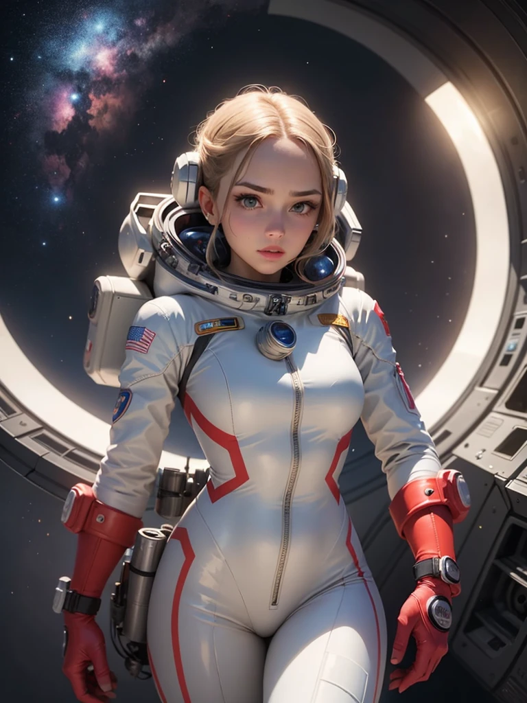 Close-up of a woman in a white suit with red gloves, Portrait Astronaut Girl, Armored astronaut girl portrait, Sleek digital concept art, Kschaert Krentz Key Art Feminine, SF Women, girl in space, Smooth Art, Wearing a space suit, Vojtek Fuss, Lostrun 8k, Inspired by Krenz Kuszat