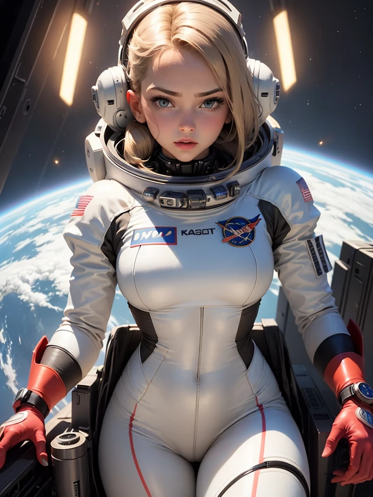 Close-up of a woman in a white suit with red gloves, Portrait Astronaut Girl, Armored astronaut girl portrait, Sleek digital concept art, Kschaert Krentz Key Art Feminine, SF Women, girl in space, Smooth Art, Wearing a space suit, Vojtek Fuss, Lostrun 8k, Inspired by Krenz Kuszat