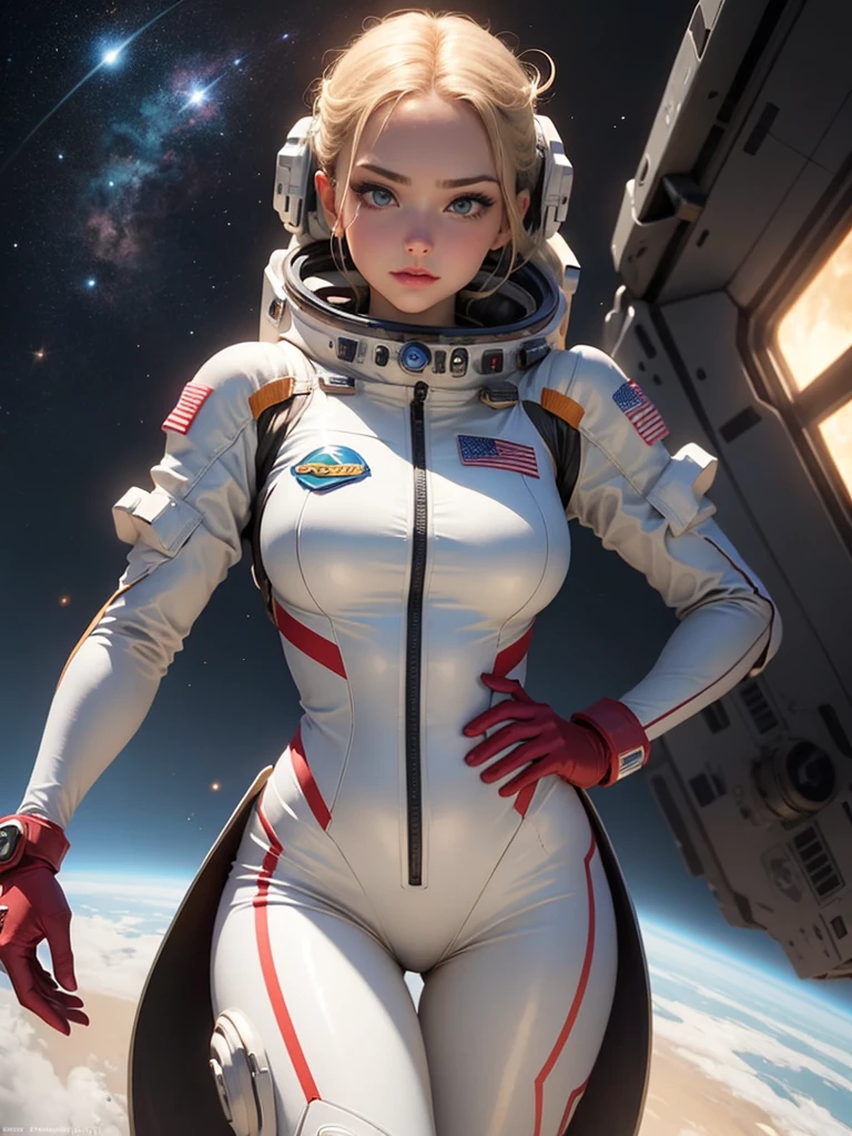 Close-up of a woman in a white suit with red gloves, Portrait Astronaut Girl, Armored astronaut girl portrait, Sleek digital concept art, Kschaert Krentz Key Art Feminine, SF Women, girl in space, Smooth Art, Wearing a space suit, Vojtek Fuss, Lostrun 8k, Inspired by Krenz Kuszat