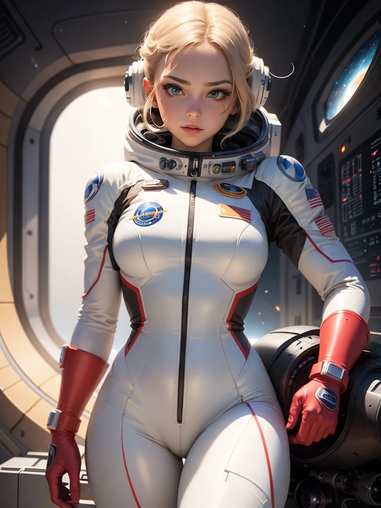 Close-up of a woman in a white suit with red gloves, Portrait Astronaut Girl, Armored astronaut girl portrait, Sleek digital concept art, Kschaert Krentz Key Art Feminine, SF Women, girl in space, Smooth Art, Wearing a space suit, Vojtek Fuss, Lostrun 8k, Inspired by Krenz Kuszat