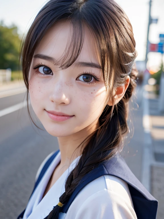 ((Cute 18 year old Japan))、on the road、Highly detailed face、Pay attention to the details、double eyelid、Beautiful thin nose、Sharp focus:1.2、Beautiful woman:1.4、Cute Hairstyles、Pure white skin、Highest quality、masterpiece、Ultra-high resolution、(Realistic:1.4)、Highly detailed and professional lighting、nice smile、Japanese high school girl sailor suit、turn around、freckles