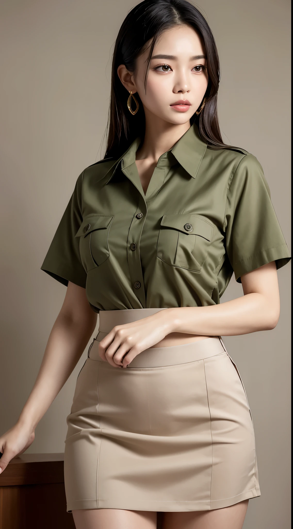 Highest quality, Masterpiece, 8K, ultra high definition, (realistic: 1.4), 1 woman, Beautiful face, symmetrical eyes, big, perfect body proportions, หน้าอกขนาดbig, Nipples visible, visible crack, The shirt reveals the chest., Thai teacher uniform, Khaki shirt and skirt set, The skirt is very short., Viewer's appearance, (Inside the classroom: 1.2), front view, shoulder jump, absolute space (1.3),