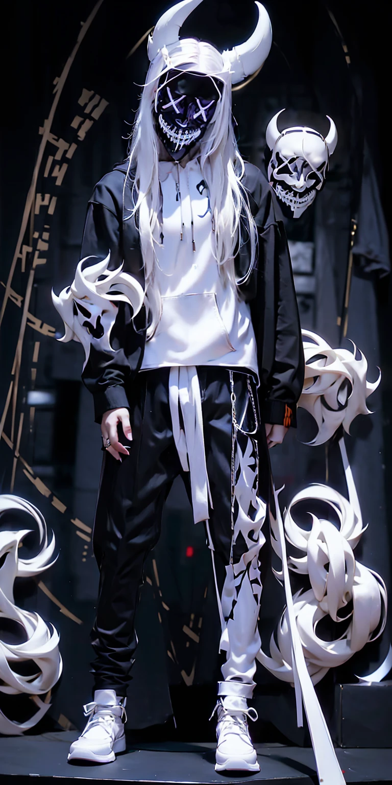 man wearing all back white mask with two horns , hoodi and Trousers Pants Harajuku with joradn white shoes, plaid pants, black pants, chain, tripppants, pants, strappy pants, ((demon white mask )) , alex_the_terrible_mask, hoodie, wearing a hoodie