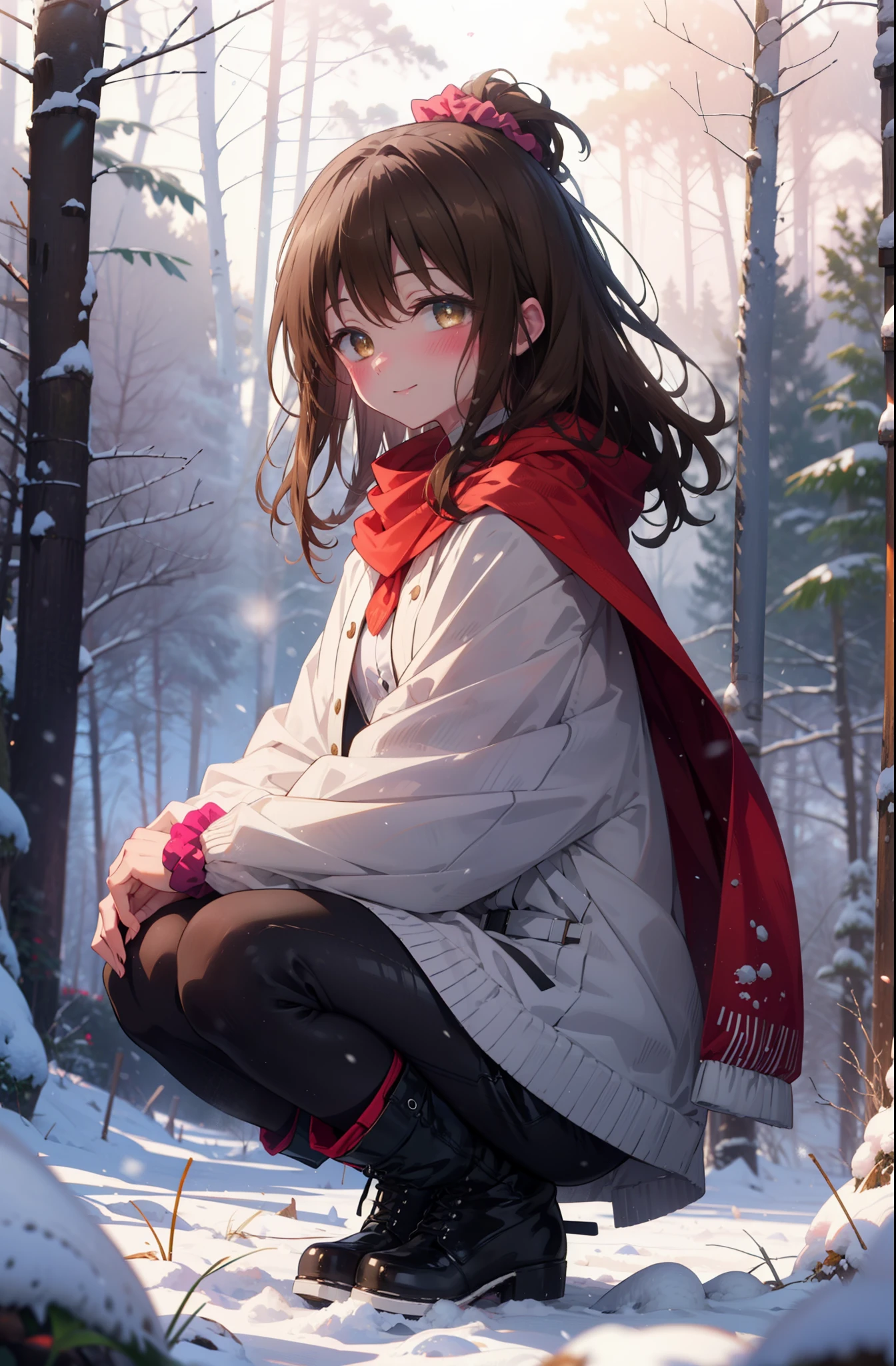 Follow Us, Yuki mandarin orange, (Brown eyes:1.5), Brown Hair, hair ornaments, hair Scrunchie, Long Hair, pink Scrunchie, Scrunchie, (Flat Chest:1.2),smile,,smile,blush,White Breath,
Open your mouth,snow,Ground bonfire, Outdoor, boots, snowing, From the side, wood, suitcase, Cape, Blurred, , forest, White handbag, nature,  Squat, Mouth closed, Cape, winter, Written boundary depth, Black shoes, red Cape break looking at viewer, Upper Body, whole body, break Outdoor, forest, nature, break (masterpiece:1.2), Highest quality, High resolution, unity 8k wallpaper, (shape:0.8), (Beautiful and beautiful eyes:1.6), Highly detailed face, Perfect lighting, Extremely detailed CG, (Perfect hands, Perfect Anatomy),