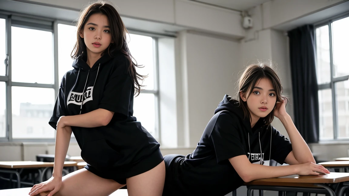 deux femmes ensemble de 18 ans sexy et mince qui se touche , black short sleeve hoodie , dans une salle de classe , position sensuel