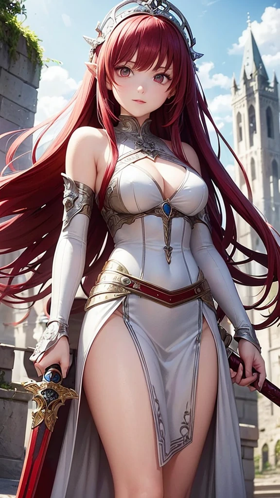 White skined young woman. Siren eyes.bright red eyes. Long curly hair. Maroon red hair color. Wearing silver armor and holding a sword. She has a fantasy-style silver accessory on her head, castle ruins background