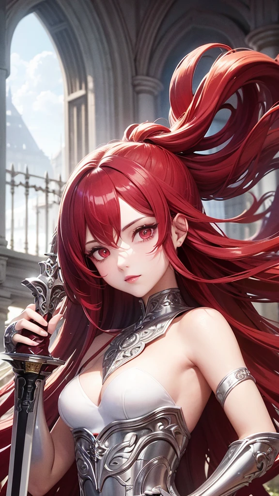 White skined young woman. Siren eyes.bright red eyes. Long curly hair. Maroon red hair color. Wearing silver armor and holding a sword. She has a fantasy-style silver accessory on her head, castle ruins background