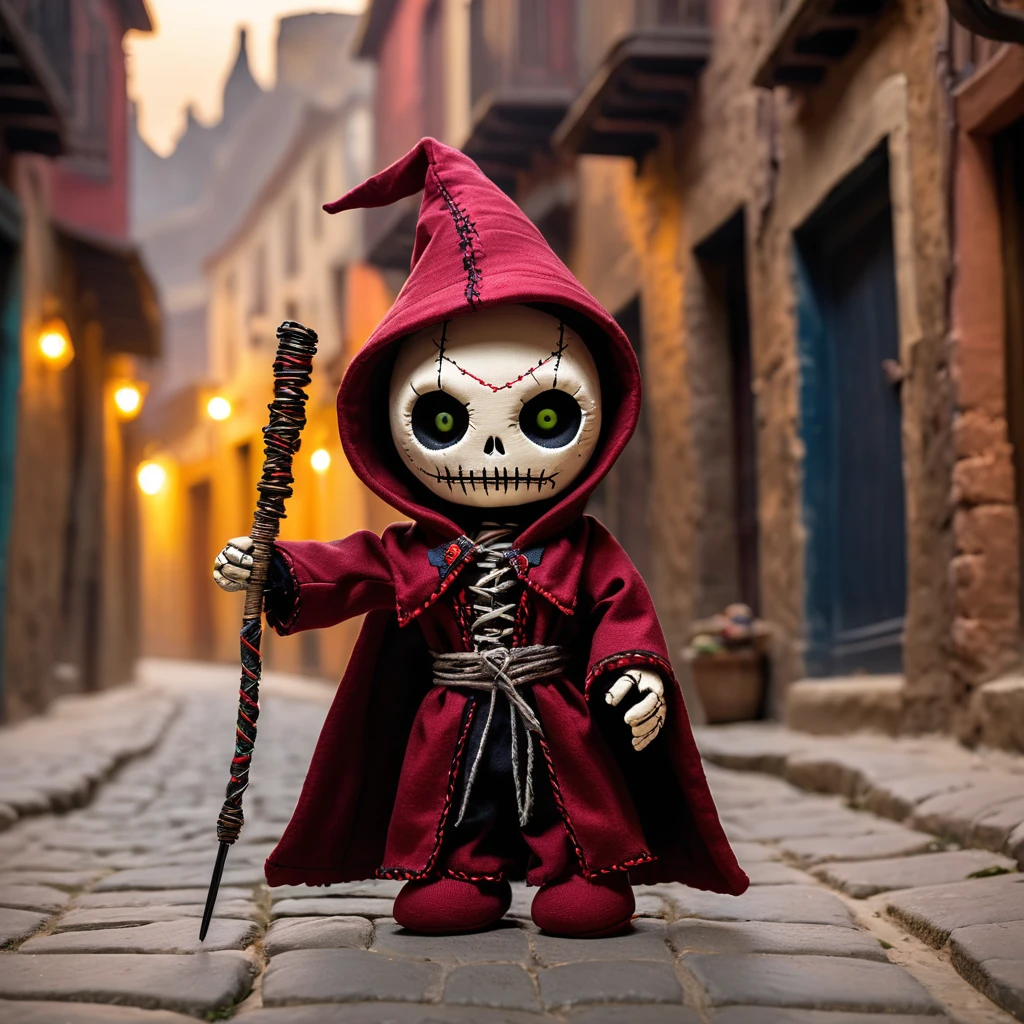 (knitted toy voodoo doll:1.2), (Voodoo Street Magician:1.3), (Clothing: Hooded cloak, magic wand, magic amulet:1.0), (against the background of a narrow street of an ancient city, magic light:1.2), best quality, masterpiece, detailed soft oil painting, detailed background, dramatic cinematic lighting, soft edge lighting, professional, dramatic lighting, hard edge lighting, ultra quality, 4k, masterpiece, best quality, 8k, ultra high definition, high resolution, extremely detailed