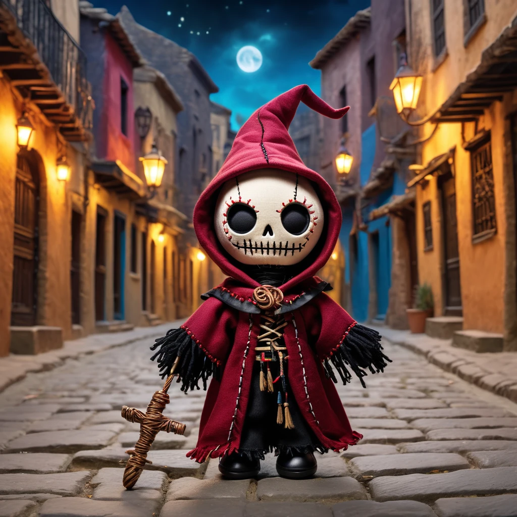 (knitted toy voodoo doll:1.7), (Voodoo Weather Conjurer on Balcony:1.3), (Clothing: flowing robe with weather patterns, mystical anklets:1.0), (Accessories: enchanted staff with weather symbols, floating weather globe, mystical wind chimes:1.2), (background: balcony overlooking a city with magical storm clouds, glowing lightning, and floating raindrops:1.2), best quality, masterpiece, detailed soft oil painting, detailed background, dramatic cinematic lighting, soft edge lighting, professional, dramatic lighting, hard edge lighting, ultra quality, 4k,masterpiece, best quality, 8k, ultra highres, highres, extremely detailed