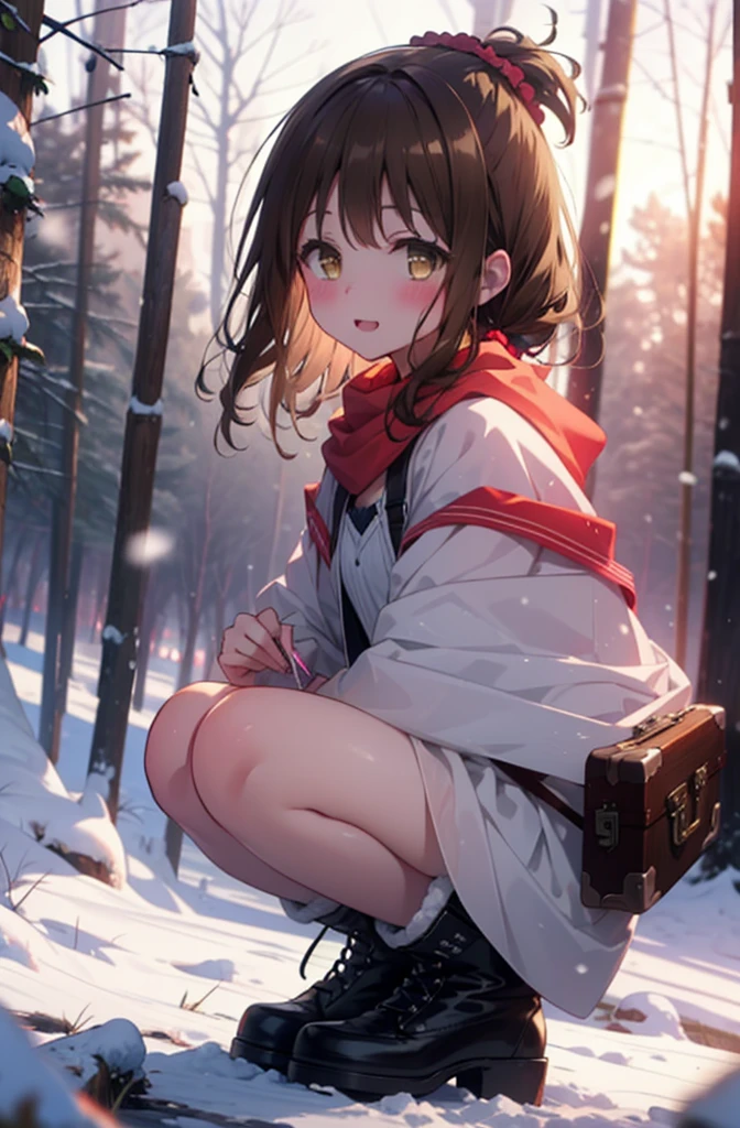 Follow Us, Yuki mandarin orange, (Brown eyes:1.5), Brown Hair, hair ornaments, hair Scrunchie, Long Hair, pink Scrunchie, Scrunchie, (Flat Chest:1.2),smile,,smile,blush,White Breath,
Open your mouth,snow,Ground bonfire, Outdoor, boots, snowing, From the side, wood, suitcase, Cape, Blurred, , forest, White handbag, nature, Squat, Mouth closed, Cape, winter, Written boundary depth, Black shoes, red Cape break looking at viewer, Upper Body, whole body, break Outdoor, forest, nature, break (masterpiece:1.2), Highest quality, High resolution, unity 8k wallpaper, (shape:0.8), (Beautiful and beautiful eyes:1.6), Highly detailed face, Perfect lighting, Extremely detailed CG, (Perfect hands, Perfect Anatomy),