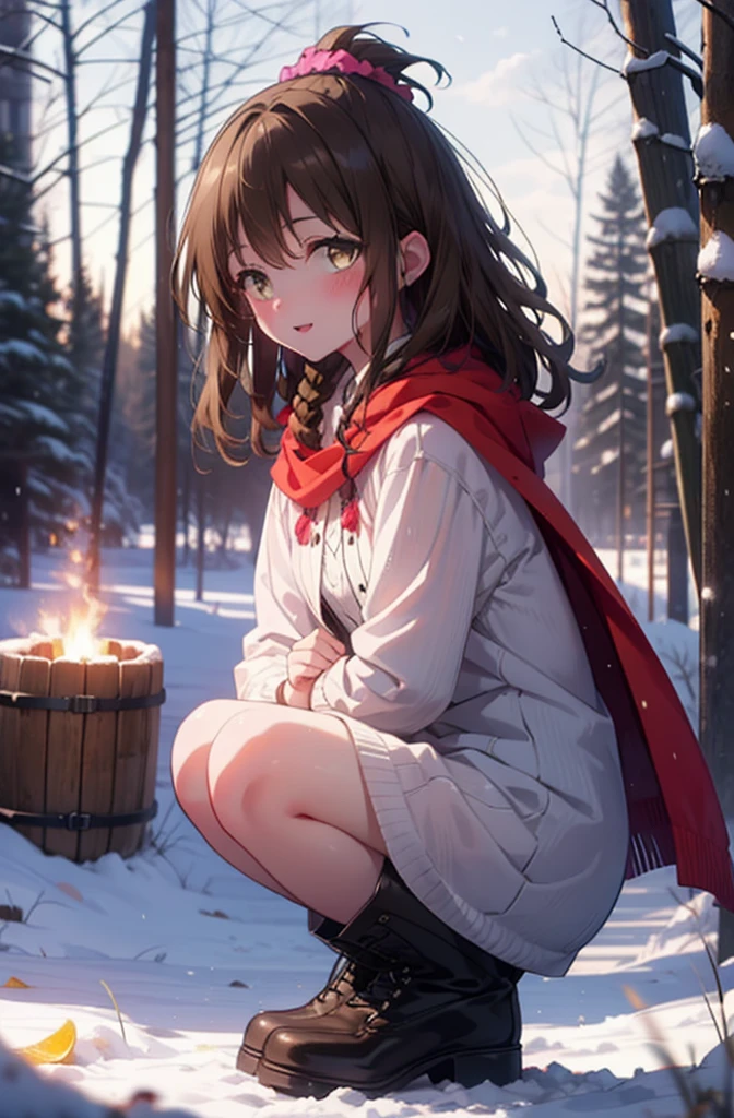 Follow Us, Yuki mandarin orange, (Brown eyes:1.5), Brown Hair, hair ornaments, hair Scrunchie, Long Hair, pink Scrunchie, Scrunchie, (Flat Chest:1.2),smile,,smile,blush,White Breath,
Open your mouth,snow,Ground bonfire, Outdoor, boots, snowing, From the side, wood, suitcase, Cape, Blurred, , forest, White handbag, nature, Squat, Mouth closed, Cape, winter, Written boundary depth, Black shoes, red Cape break looking at viewer, Upper Body, whole body, break Outdoor, forest, nature, break (masterpiece:1.2), Highest quality, High resolution, unity 8k wallpaper, (shape:0.8), (Beautiful and beautiful eyes:1.6), Highly detailed face, Perfect lighting, Extremely detailed CG, (Perfect hands, Perfect Anatomy),