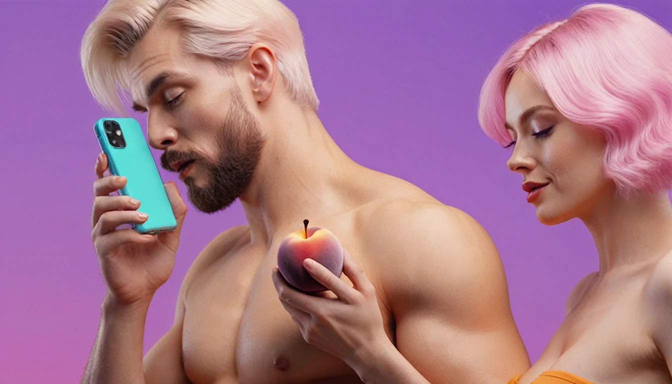 spotry naked musculin european man licking a peach in front of blond woman, he hold smartphone in his hand, we can see his face close, minimalistic, in a light purple and pink style, with soft edges and blurred details, in the toycore style, with a 3D render, on a colorful background, with a minimalist stage design, in a surreal style, with a cinema4D rendering, with a minimalist style, with low saturation, using gradient colors, with a cinema4D rendering, with a blender rendering, with super detail, at a super high resolution, at a super high definition
