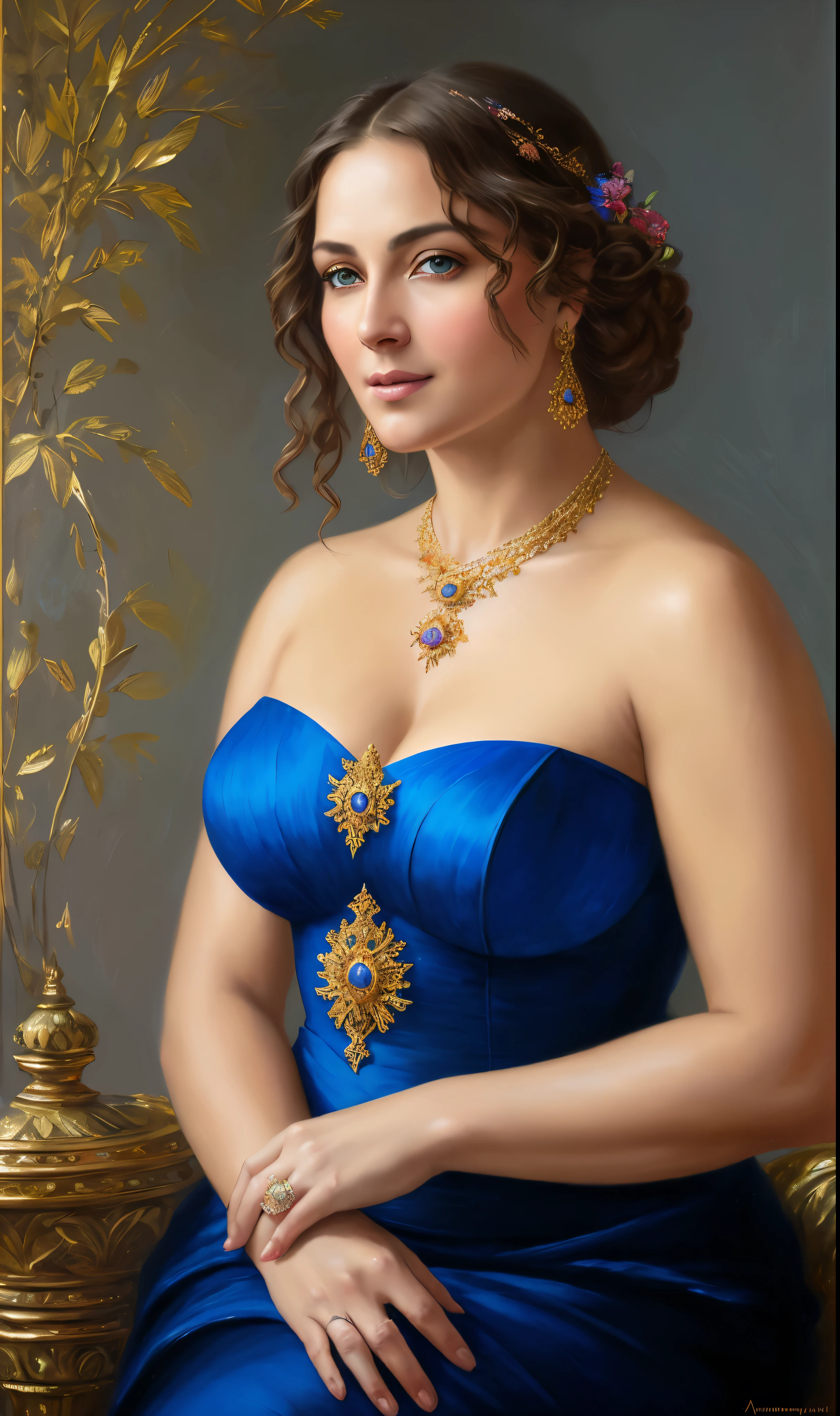 portrait, extremely gorgeous, 45 years old Woman, middle ages, thick figure, classicism, andrey atroshenko style, painting, pierced eyes, beautifully styled hair, traditional media, realistic, figurative, fine art, oil on canvas, HDR, 8K, original character, high resolution, vivid colours, high detail, focus on the face, beautiful eyes 