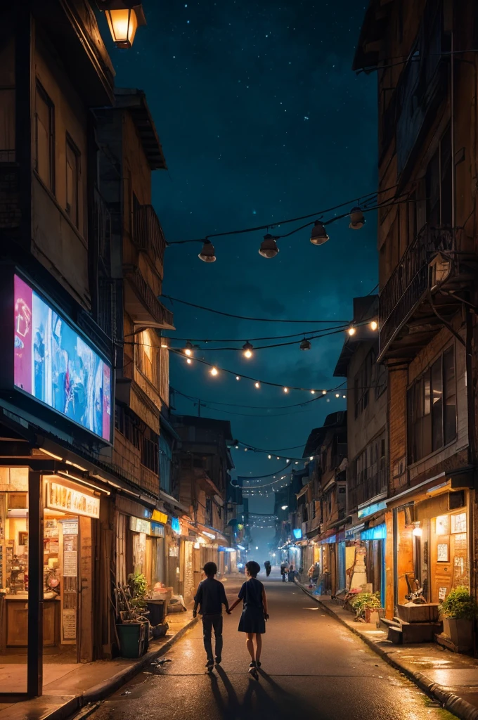 A night scene in a slum, illuminated by streetlights, featuring an empty shopping street with no one around. The environment is captured in hyper-realistic detail, akin to high-definition movie quality. The scene is rendered with depth of field blur, ray tracing, and a watercolor painting style. The artistic influences include ArtStation, Pixiv, gwise, Makoto Shinkai, and Artgerm.