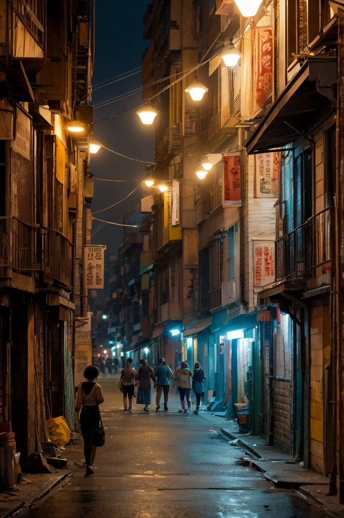A night scene in a slum, illuminated by streetlights, featuring an empty shopping street with no one around. The environment is captured in hyper-realistic detail, akin to high-definition movie quality. The scene is rendered with depth of field blur, ray tracing, and a watercolor painting style. The artistic influences include ArtStation, Pixiv, gwise, Makoto Shinkai, and Artgerm.