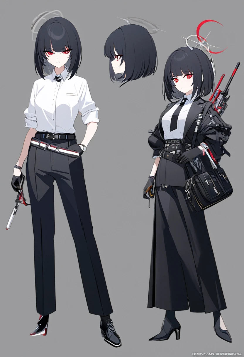 One woman,Dynamic,whole body,Are standing,mysterious,Concept Art,Character Design,Jet black straight hair,The bangs are trimmed to accentuate the eyes.,Short Hair,Well-proportioned face,Sharp Eyes,White shirt and black tie,Black slacks,Silver cufflinks on the left hand,On the ring finger of her right hand she wears a simple silver ring.。Luxury watches,Black leather shoes,beltでウエストラインを強調,Arknights Wind,Stylish,Red eyes,belt,Stylishな赤い模様の上着,Stylish,Simple background gray,Details,Okabo Hair,Half-open eyes,Cool appearance,Multiple Views,Black gloves,