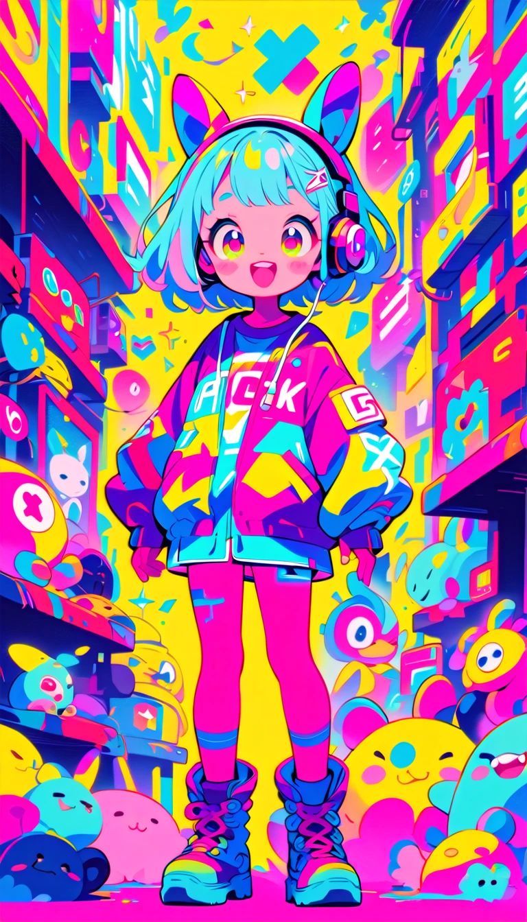 pop、bright、colorful, 1 female, Light blue hair,　short hair、Happy,cute, animation style, kawaii, clearly, colorful cyberpunk, bubblegum pop, cute、Pink and light blue as main colors, Headphonesをしている、Headphones、whole body, entire body, standing, simple background,